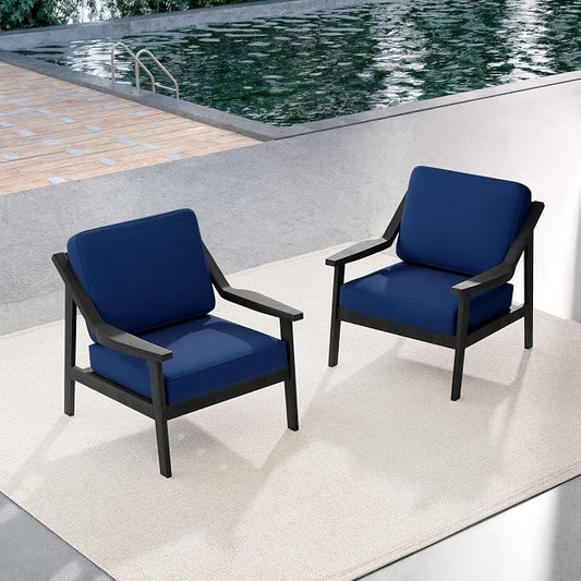 Outdoor Patio Furniture Set, 2 Piece Outdoor Patio Sofa Armchairs with Washable Thick Cushions, All-Weather Solid Wood Patio Bistro Set for Porch, Balcony, Black Frame & Navy Cushion
