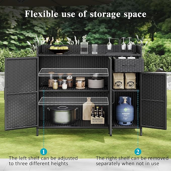 LUMISOL Patio Rattan Bar Table with Adjustable Shelf and Drawer, Outdoor Storage Cabinet with Tempered Glass Desktop, Weather-Proof, Wicker Bar Table with 3 Doors for Outdoor Garden, Black