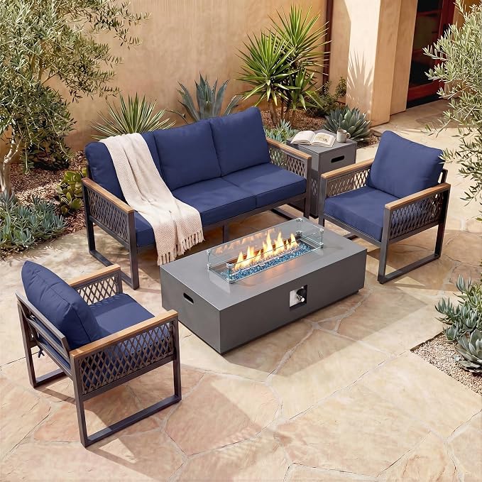 UPHA 6 Pieces Patio Furniture Set with 56" Propane Gas Fire Pit Table, Metal Outdoor Sectional Couch Set with 3-Seat Sofa, Modern Patio Conversation Set for Porch Balcony Deck, 5 Seats, Navy Blue