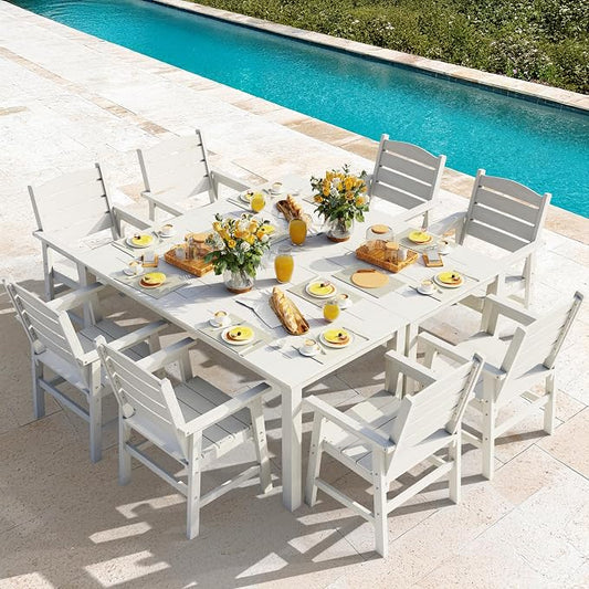 YEFU HIPS Patio Dining Sets: 10-Piece Outdoor Table and Chairs with Umbrella Hole - All-Weather Modern Patio Dining Set for 8 Outside Furniture with Metal Aluminum Frame for Family with Deck White