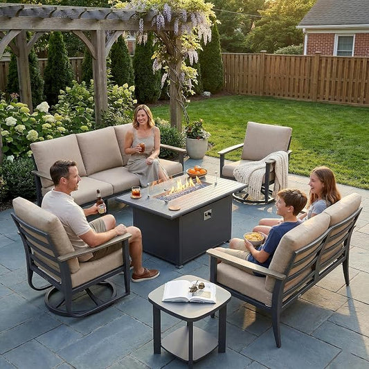 Aluminum Outdoor Patio Furniture Set with Swivel Rocking Chairs 7-Seat, Patio Sectional Sofa Patio Conversation Set with 55,000 BTU Fire Pit Table High Backrest & Thickened Cushions, Sand