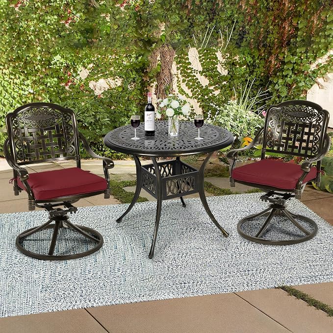 3-Piece Outdoor Patio Dining Set, All-Weather Cast Aluminum Patio Furniture Set for Backyard Garden Deck with 2 Swivel Cushioned Chairs and 35.4” Round Table, 2" Umbrella Hole, Chili Red