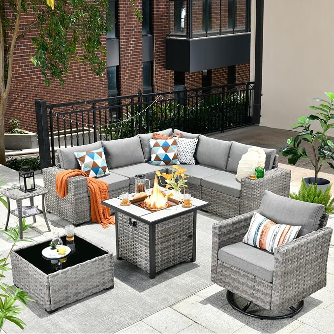 HOOOWOOO Outdoor Patio Sectional Furniture Sofa Set with Propane Gas Fire Pit Table,9 Piece Modern Wicker Couch with Swivel Chair,Modular L Shaped Conversation Seating Set with Wide Arm(Dark Grey)
