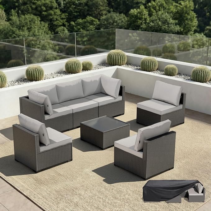 Patio Furniture Set - All-Weather - 7 Piece Patio Outdoor Conversation Set, Modular Wicker Rattan Sectional Sofa for Backyard, Garden, Poolside, Balcony, Porch, Patio,Black/Light Gray