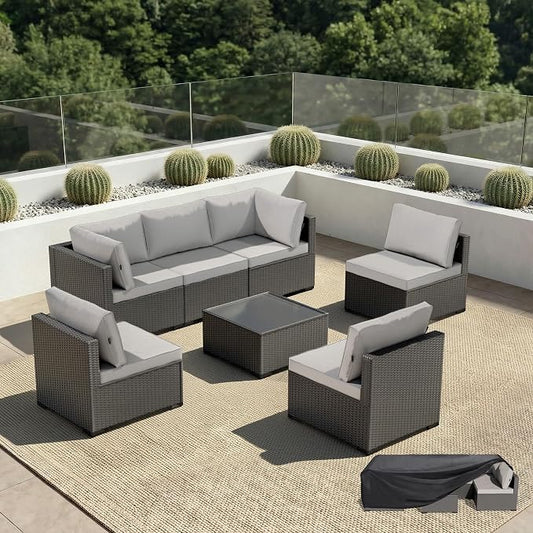 Patio Furniture Set - All-Weather - 7 Piece Patio Outdoor Conversation Set, Modular Wicker Rattan Sectional Sofa for Backyard, Garden, Poolside, Balcony, Porch, Patio,Black/Light Gray