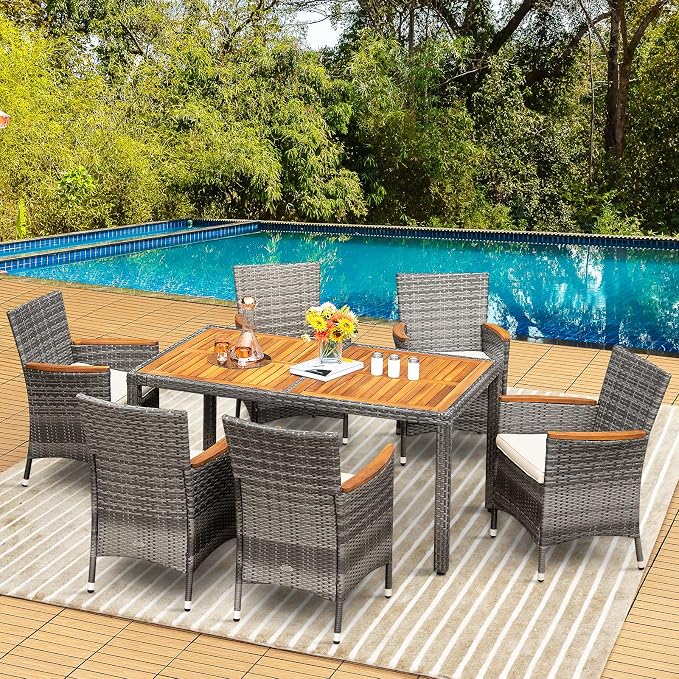 7 Pieces Patio Dining Set Outdoor Dining Set, Wicker Patio Furniture Set with Acacia Wood Table and Chairs, Garden Dining Table Set for Backyard, Desk, Poolside, (Grey)
