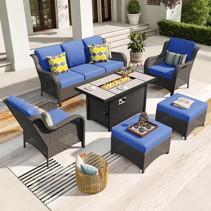 ovios 6-Pieces Patio Furniture Set with 42" Fire Pit Table, Outdoor Wicker Sofa Couch Ottomans Comfy Cushions, High Back Modern Conversation Set, Brown Rattan, Navy Blue
