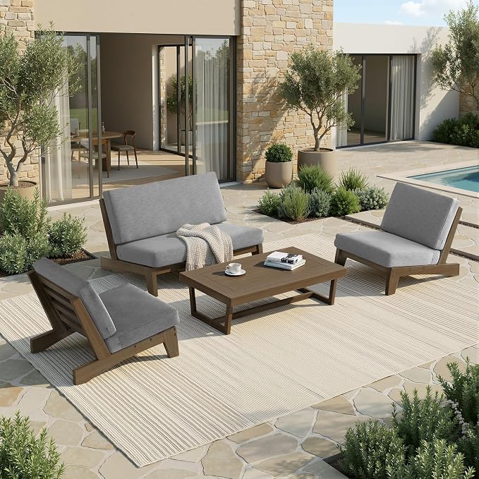 4 Piece Wood Outdoor Patio Frutnire Set, 4 Seater Patio Conversation Sets with Thick Cushions, Outdoor Sectional Furniture with Coffee Table - Gray