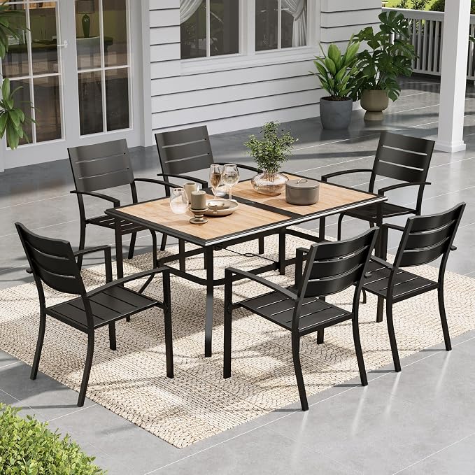 Sophia & William Patio Dining Set Metal Outdoor Table and Chairs Furniture Set 7 Piece, Large 60" Imitation Wood Dining Table with Umbrella Hole and 6 Stackable Outdoor Chairs Support 300LBS