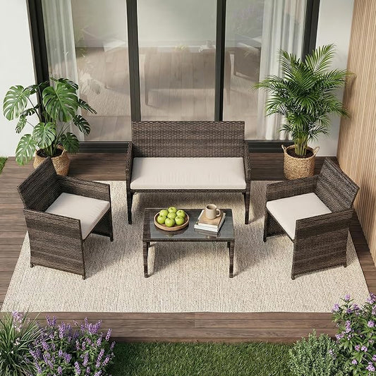Garvee 4-Piece Patio Furniture Set, PE Rattan Outdoor Conversation Set with Cushions & Tempered Glass Table, All-Weather Wicker Patio Table and Chairs Set for Patio, Porch, Backyard, Brown and Beige