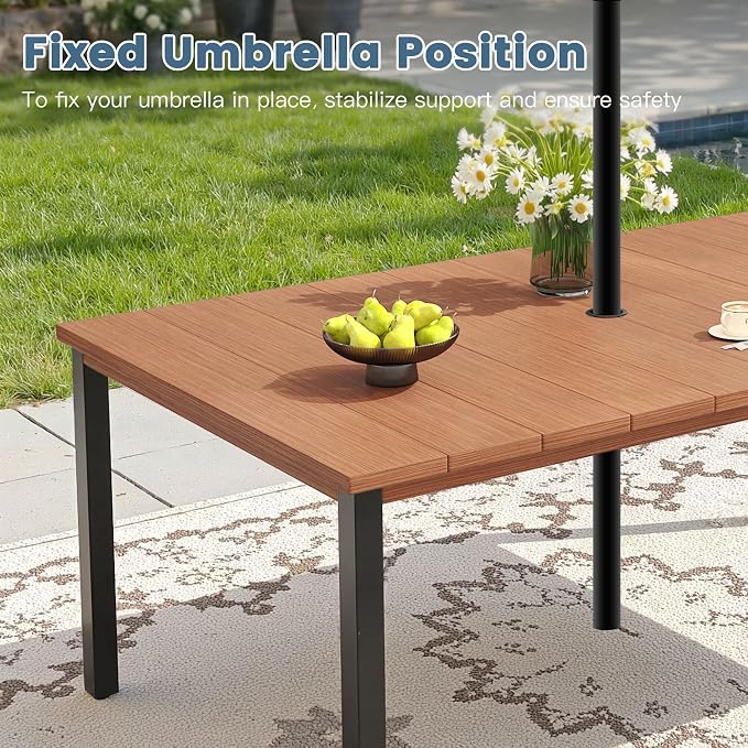 DIFY 7 Pieces Outdoor Dining Set, Metal Patio Table and Chairs Set for 6, 63" Rectangle Dining Table with Umbrella Hole & Wicker Swivel Patio Chairs with Cushions, Walnut Tabletop