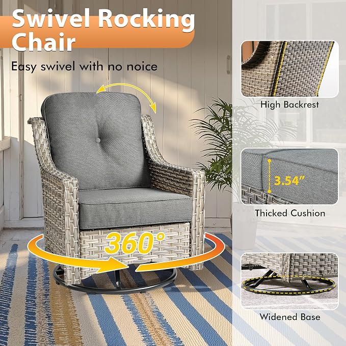 8 PCS Outdoor Patio Furniture Sets,Patio Conversation Sets Outside Rattan Soft Cushion Sofa with 2 Wicker Rocking Chairs Soft Cushion Fit Backyard Porch Garden Poolside Balcony,Dark Grey