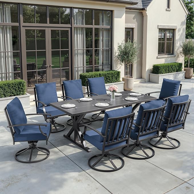 ALAULM 9-Piece Patio Dining Set,Outdoor Metal Dining Set with 8 Swivel Chairs & Rectangle Table with 1.5 Umbrella Hole, Patio Dining Table and Chairs for Backyard,Navy