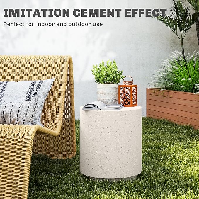HOMCOM Concrete Finish Side Table, Lightweight Accent Table, 17" Patio Round Stump End Table with 4 Adjustable Feet for Indoor, Outdoor, Cream White