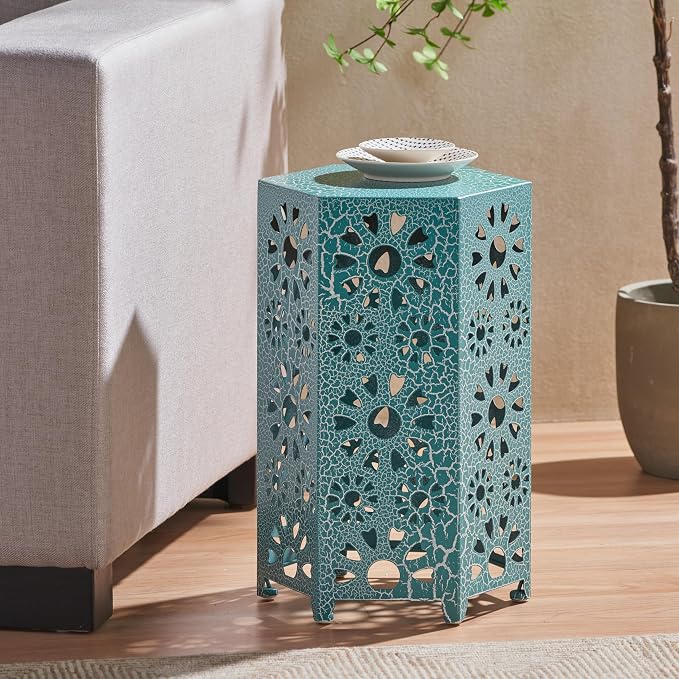 Iron Patio Side Table with Sunburst Cut Out Design 14"x22"Hexahedron Outdoor End Table Lightweight Barrel Accent Table for Garden Pool Deck Balcony Weather Resistant Easy to Move,Teal