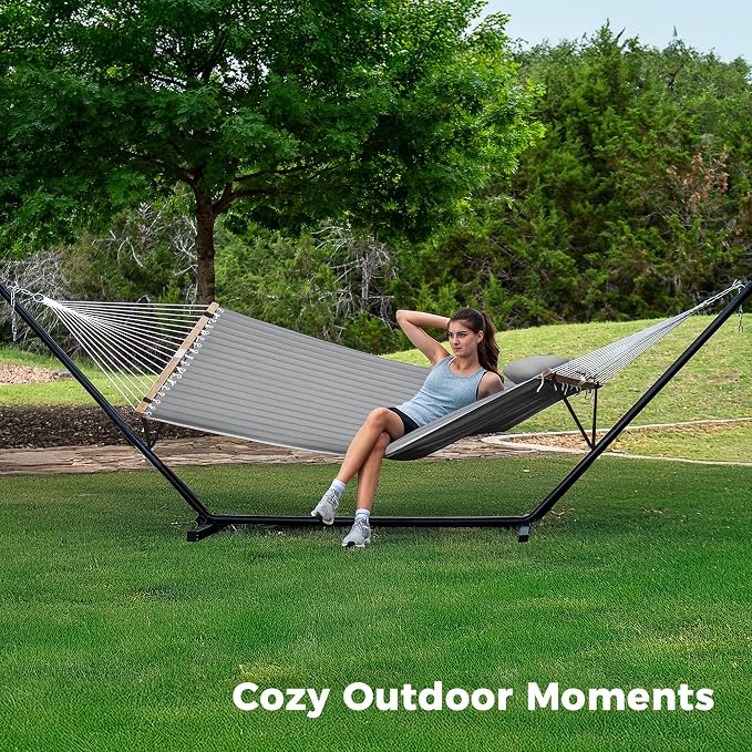 SUPERJARE Hammock with Stand, 2 Person Quilted Outdoor Hammock, Detachable Pillow & Bamboo Spreaders, Portable Hammock with Carrying Bag, Heavy Duty Stand, Perfect for Outside, Patio, Gray
