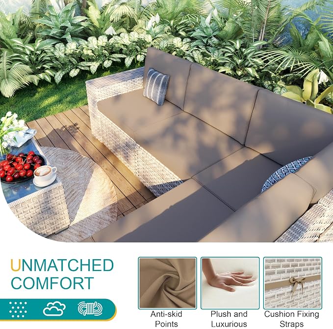 6-Piece Patio Furniture Set, Outdoor Extra Wide Armrest Modular Patio Sofa, Dual-Strand Rattan Wicker, Rust-Resistant Frame, Backyard High Back, Large Seat Furniture for Porch Garden Balcony, Khaki