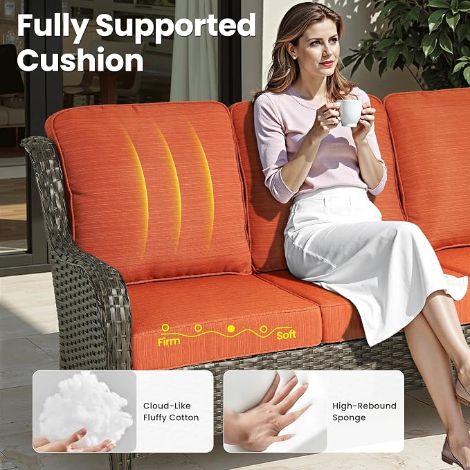 ovios 6-Piece Patio Furniture Set with Swivel Chairs Side Table, Outdoor Wicker Sofa with Comfy Cushions, High Back Couch Modern Conversation Sets, Brown/Orange Red
