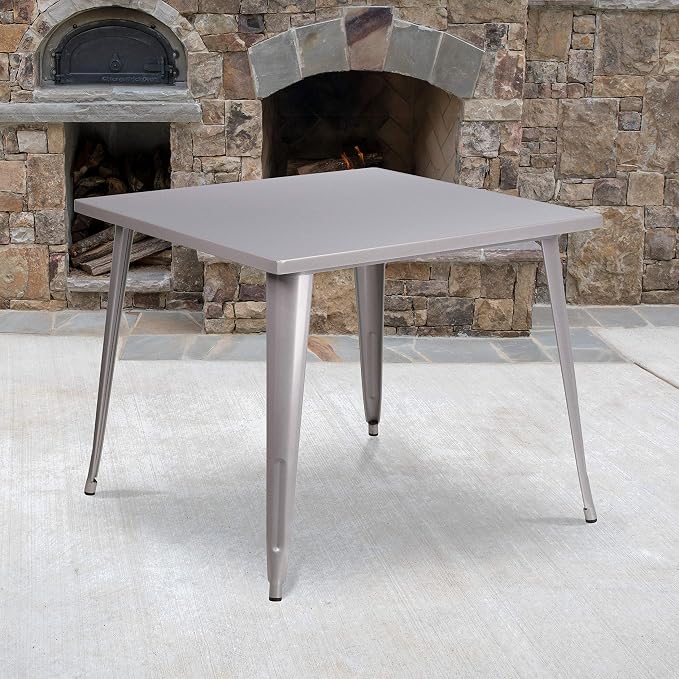 EMMA + OLIVER Commercial Grade 35.5" Square Silver Metal Indoor-Outdoor Table