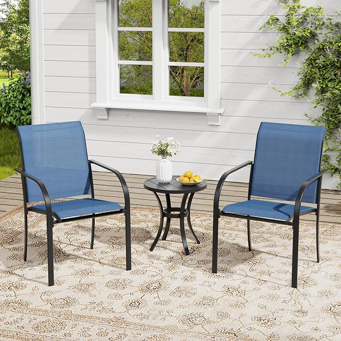 VICLLAX Outdoor Set for 2, Small Patio Table and Chairs Set of Stackable Patio Sling Chairs and Round Dining Table for Front Porch, Blue Fabric and Black Table