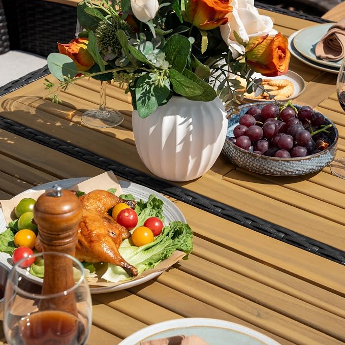 NUU GARDEN 59 x 35 Inch Outdoor Patio Dining Table for 6, Acacia Wood Slatted Tabletop with Rattan Wrapped Metal Frame, All Weather Outdoor Table for Garden Backyard Lawn, Black