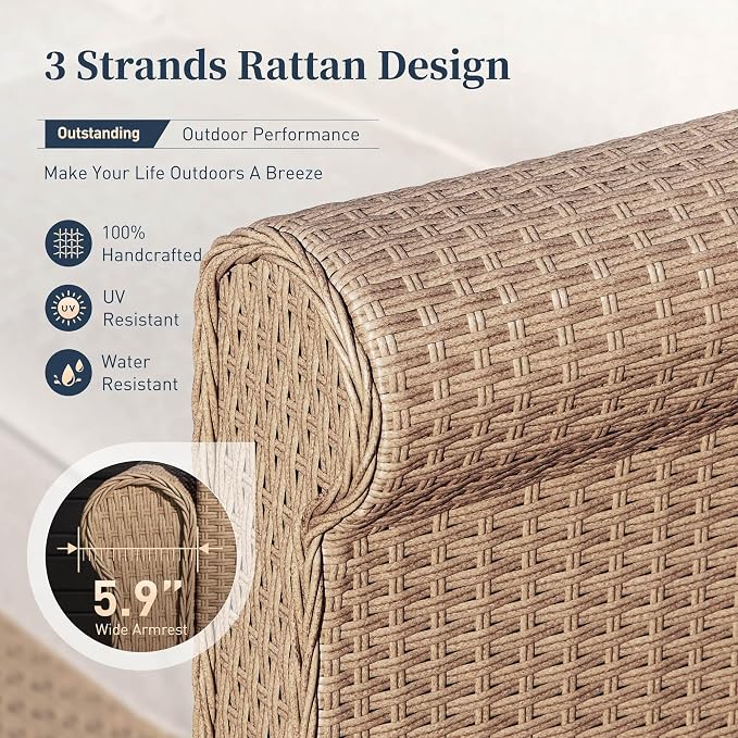 SUNSHINE VALLEY Patio Furniture Set, Wicker Rattan Outdoor Furniture Set with 5.5 Inch Thick Cushions, 2 Chairs and Fire Pit Table, 4 Pieces 5 Seats Patio Conversation Set for Backyard Deck, Beige