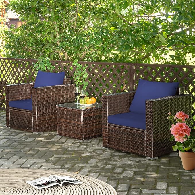 Patio Conversation Set Outdoor, 3-Piece Rattan Wicker Furniture Set with Water-Resistant Cushion & Tempered Glass Tabletop, Patio Furniture Set for Balcony, Porch, Poolside (Navy-Blue)