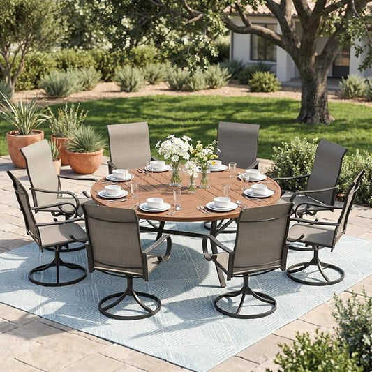 9 Pieces Patio Dining Set, 8 Outdoor Swivel Dining Chairs with 60.1" Round Metal Outdoor Dining Table with Umbrella Hole for Garden Backyard Deck, Mixed Brown & Walnut