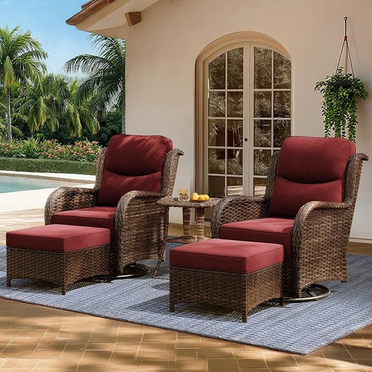 HILLGA Luxury Outdoor Patio Furniture Set with 6-Inch Thick Cushions,High Back Wicker Swivel Rocker Chairs, 5 Pcs All Weather Chairs Set for Small Porch, Deck and Sunroom, Burgundy (V3)