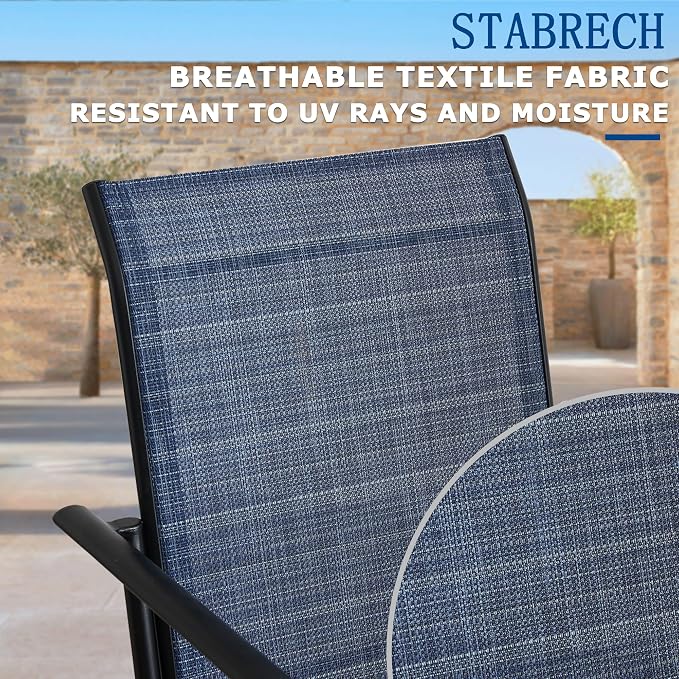 5 Piece Outdoor Dining Set, Patio Table and Chairs Set of 4, 37.5" Black Square Patio Table with 4 Dark Blue Stackable Patio Chairs for Lawn, Garden, Porch