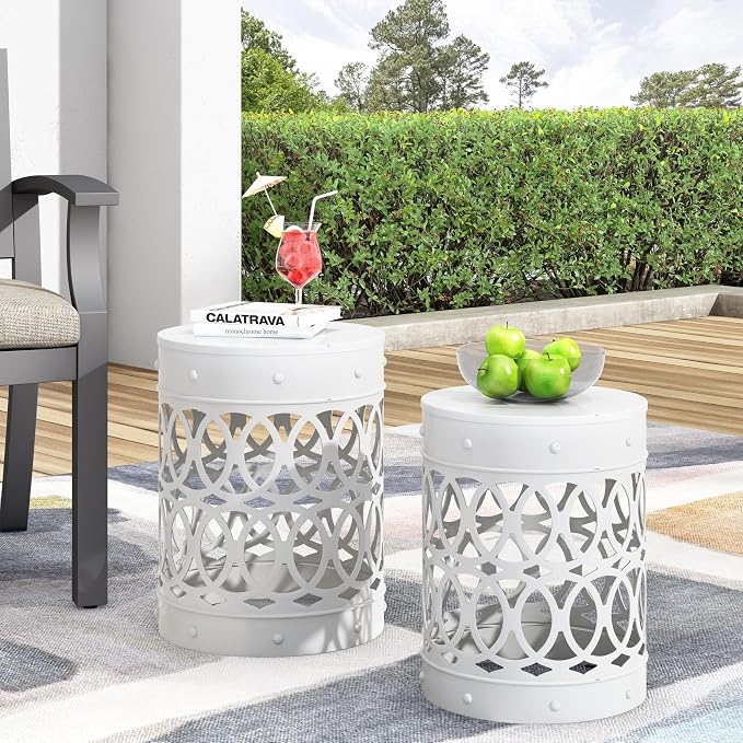 Set of 2 Round Metal Patio Side Tables Steel Accent End Tables with Geometric Circle Cut-Outs Weather Resistant Small Outdoor Furniture for Deck Pool Yard Balcony No Assembly,White