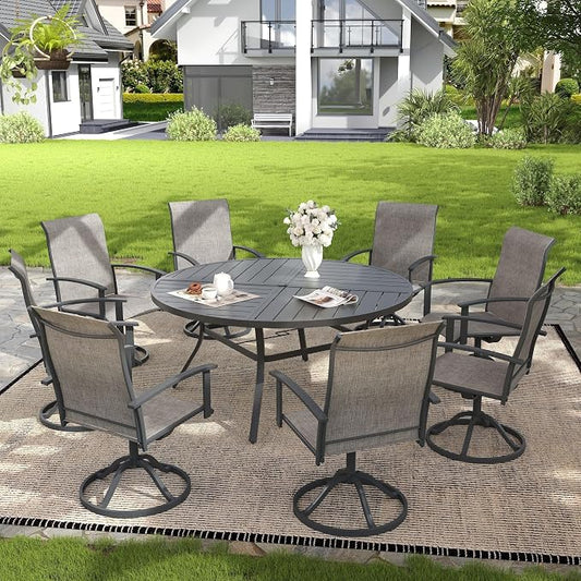 VICLLAX 9 Pieces Patio Outdoor Dining Set, 8 Swivel Textilene Chairs and 60" Round Metal Table with Umbrella Hole for Porch, Deck, Garden, Dark Gery/Grey