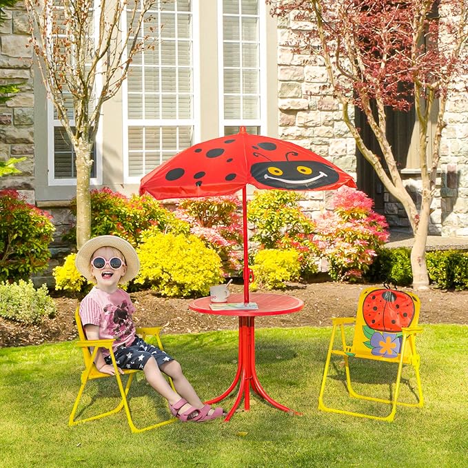 Outsunny Kids Table and Chair Set, Outdoor Folding Garden Furniture, Picnic Table for Patio Backyard, with Removable & Height Adjustable Sun Umbrella, Red