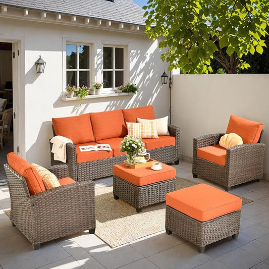 CAODOC Patio Furniture Sets, Outdoor Wicker Furniture with Ottomans, 5 Pieces Outdoor Sofa Couch Conversation Set with Cushioned Rattan Chairs for Garden Poolside Backyard, Red