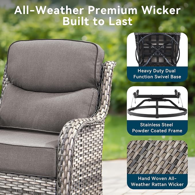 Luxury High Back Outdoor Swivel Rocker Patio Chairs with Side Table & 6-Inch Thick Cushions, 2 Pieces Patio Furniture Set for Porch, Balcony, Deck and Yard