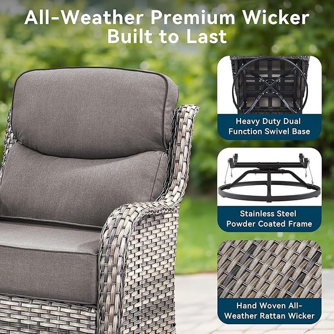 Luxury High Back Outdoor Furniture 6-Inch Thick Cushions with 50,000 BTU Gas Propane Fire Pit Tablet, Patio Furniture Set with Swivel Chairs, 8 PCS for Porch, Balcony, Deck and Yard