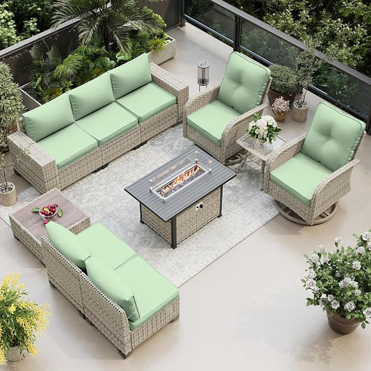 10-Piece Outdoor Patio Furniture Set with Rocking Swivel Chair, PE Wicker Rattan Sectional Sofa Patio Conversation Set with 55,000 BTU Fire Pit Table & Chunky Arms, Light Green
