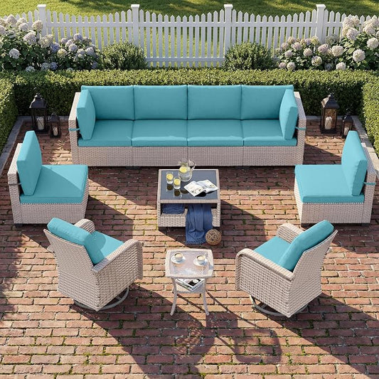 Patio Furniture Set, 10-Piece Outdoor Sectional Sofa with Swivel Rocker Chairs & 2-Layer Glass Coffee Table, Wicker Patio Conversation Set with Cyan Cushions