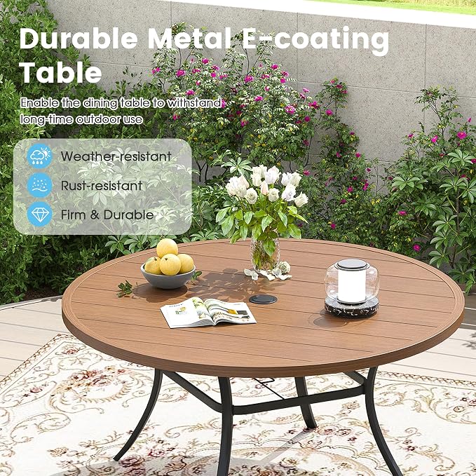 9 Pieces Patio Dining Set, 53" Round Dining Table with Umbrella Hole, 8 Stackable Textilene Fabric Chairs, Metal Structure for Patio, Porch, Garden(Walnut Table, Brown Chair)