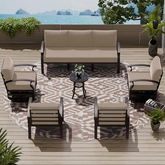 Patio Furniture Set 6-Piece Aluminum Armrest Sofa, All-Weather Patio Conversation Set with Tempered Glass Top Table & Removable Sponge Cushions for Backyard Poolside-Sand