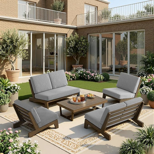 5 Pieces All Weather Wood Patio Furniture Sets, 2 Patio Loveseat, 2 Patio Bistro Chair, Outdoor Sectional Sofa Furniture Backyard Conversation Set with Coffee Table - Grey