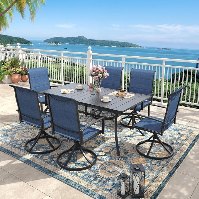 Outdoor Dining Set for 6, 59.2" Outdoor Dining Table with Umbrella Hole and Padded Textilene Patio Swivel Chairs, 7 Pieces Patio Table and Chairs Set for Garden Backyard, Dark Blue and Black