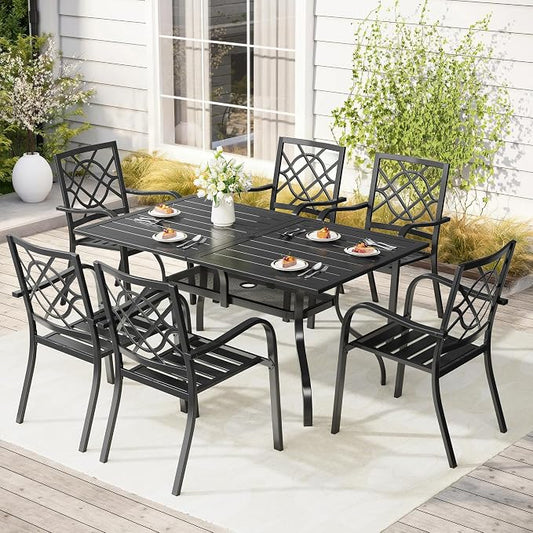 Crownland 7 Piece Outdoor Patio Metal Dining Sets, 6 Stackable Metal Chairs and Rectangular Outdoor Dining Table with 1.57" Umbrella Hole, for Backyard, Lawn, Garden (Classic Black)