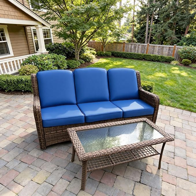 3 Seater Outdoor Wicker Sofa with Table, High Back Rattan Couch with Extra Thick Cushions, Wide Armrests, Deep Seating Sets for Porch Balcony Deck Yard, Blue