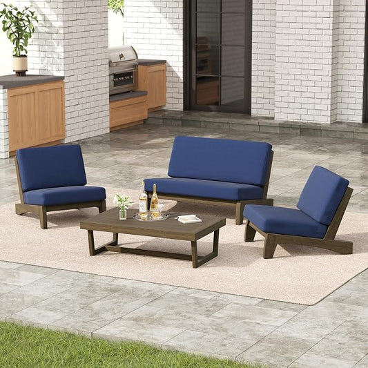 4 Pieces Patio Furniture Sets, All-Weather Outdoor Wood Bistro Set Patio Conversation Coffee Table Chiars and Patio Loveseat for Balcony, Backyard