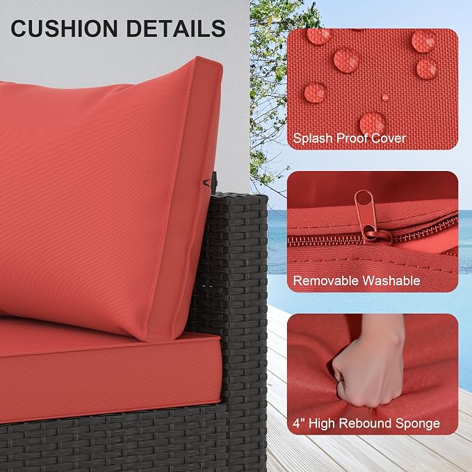 Patio Furniture Set, 5PCS Patio Sectional with Ottoman Wicker Rattan Outdoor Furniture with Thickened Cushion Modular Wicker Patio Conversation Set with Glass Top Table for Balcony, Backyard(Red)