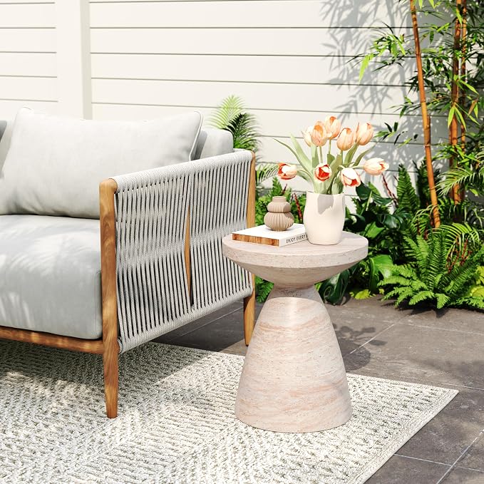 Christopher Knight Home Jayme 20.25" Indoor Outdoor Hourglass Accent Side Table, Patio Decorative End Table, Lightweight Concrete Garden Stool for Patio Living Room Balcony & Garden Decor, Travertine