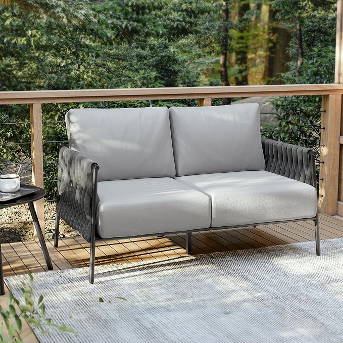 East Oak Outdoor Furniture | Life Chatter Loveseat | 2 Seater Sofa with 6.7" Thick Washable Cushions | Deep Seating Patio Furniture for Garden, Porch, Balcony & Backyard | Misty Grey