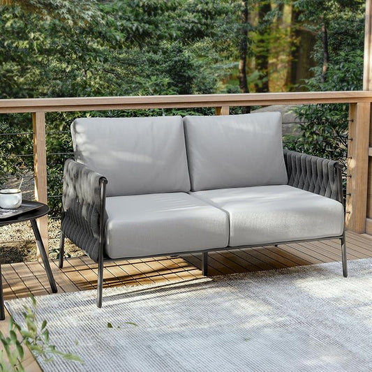 East Oak Outdoor Furniture | Life Chatter Loveseat | 2 Seater Sofa with 6.7" Thick Washable Cushions | Deep Seating Patio Furniture for Garden, Porch, Balcony & Backyard | Misty Grey