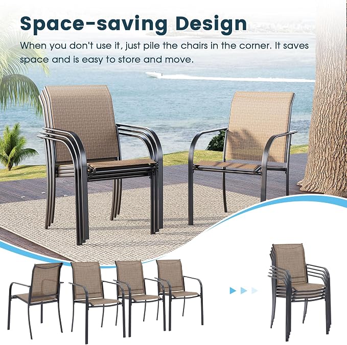 7 Pieces Patio Dining Set, 50" Round Dining Table with Umbrella Hole, 6 Stackable Textilene Fabric Chairs, Metal Structure for Patio, Porch, Garden(Walnut Table, Brown Chair)